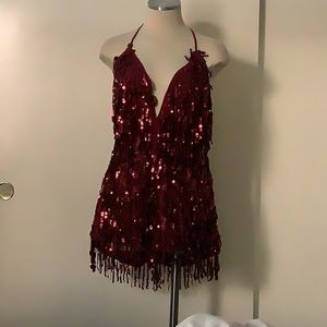 A red backless romper